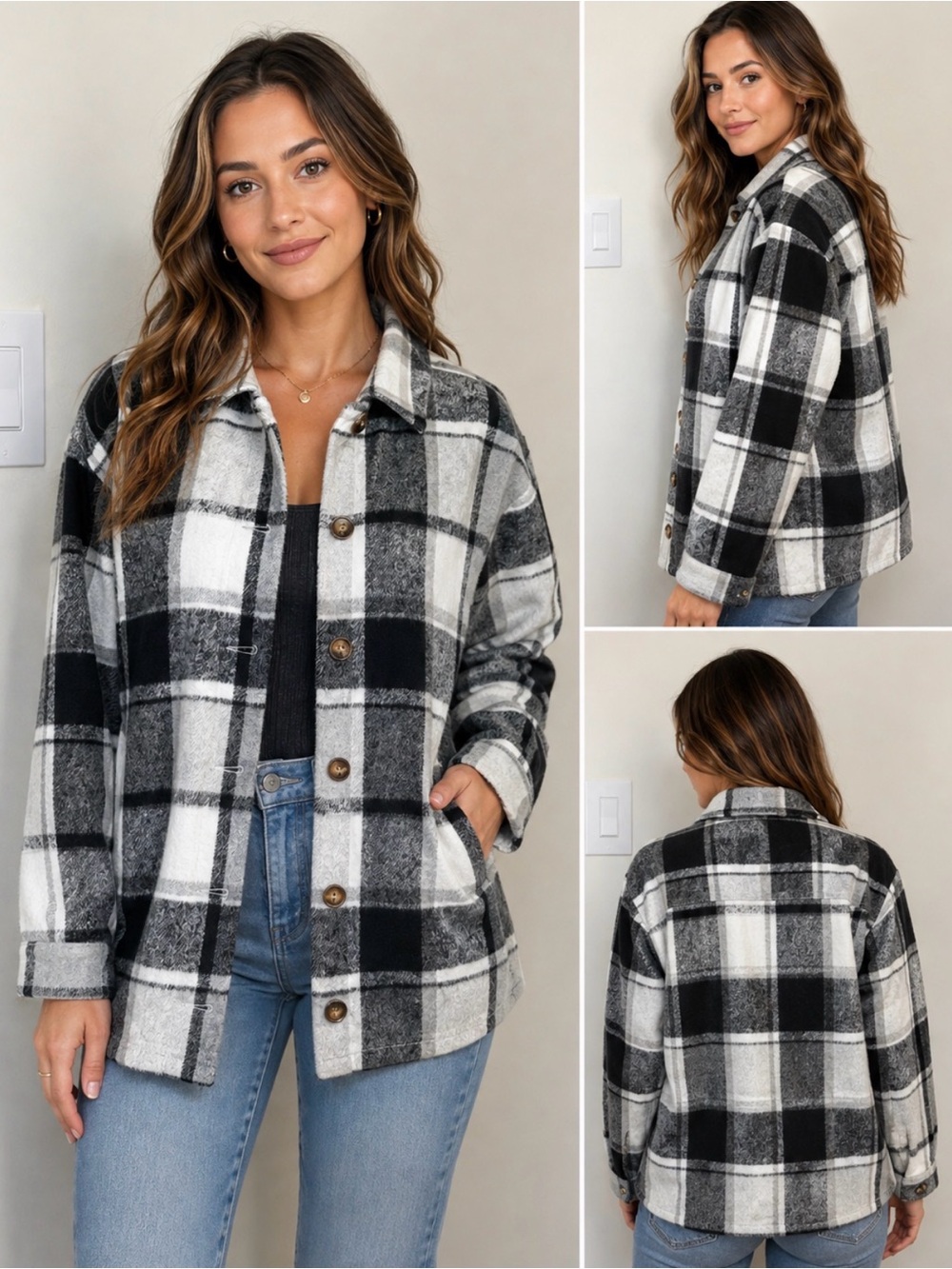 Pretty Garden Women’s Black and White Flannel Shirt Jacket Oversized Size S NWT